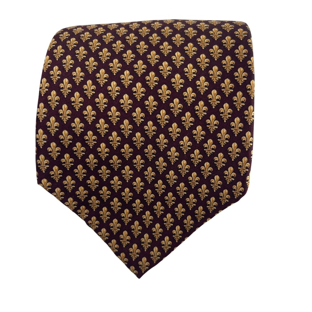 Les Montreux Paris Silk Tie Burgundy Gold‎ Fleur de Lis Pattern Handmade